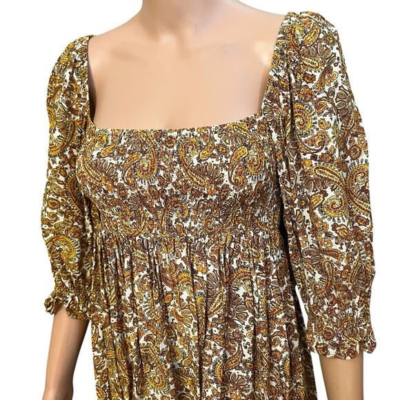 Faithfull The Brand Alina Smocked Mini Dress Size 4 Paisley Puff Sleeve Babydoll - Picture 2 of 10